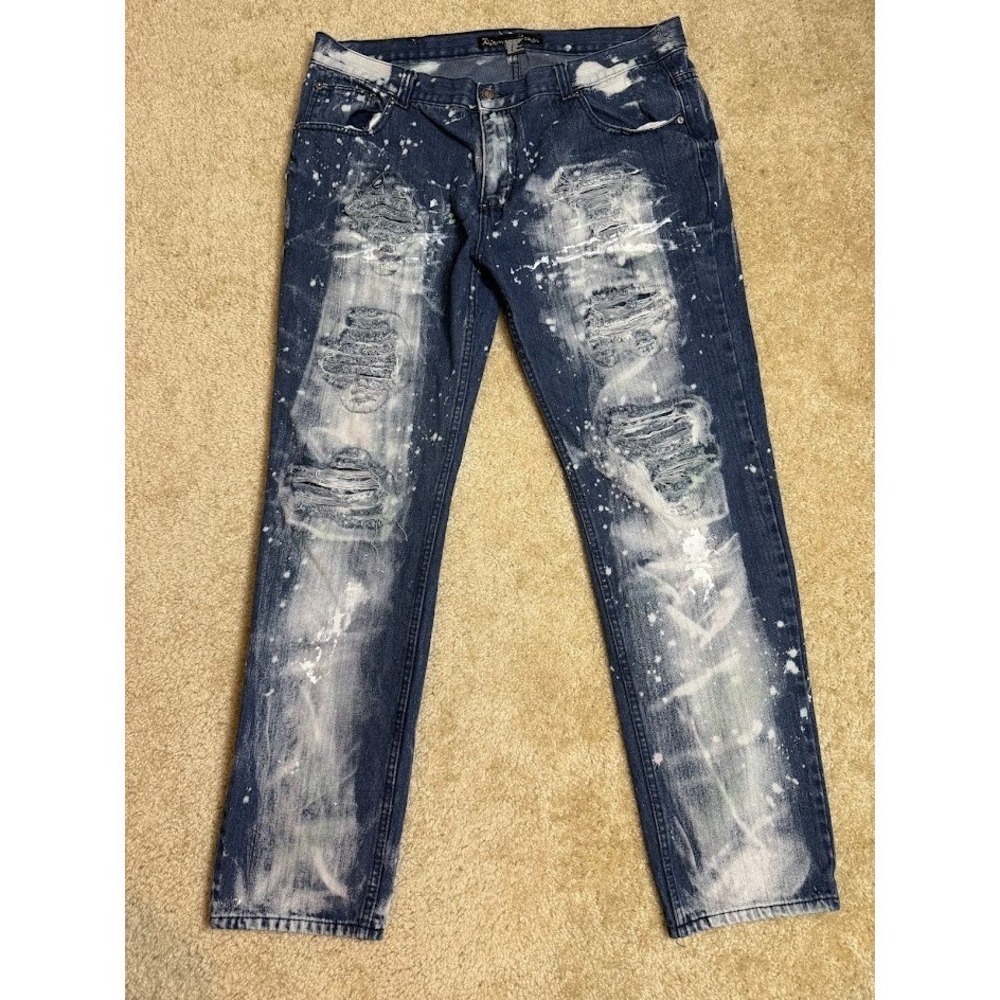 Diamond Stash Men Jeans Size 40x33 Blue Straight Leg Distressed Denim Paint